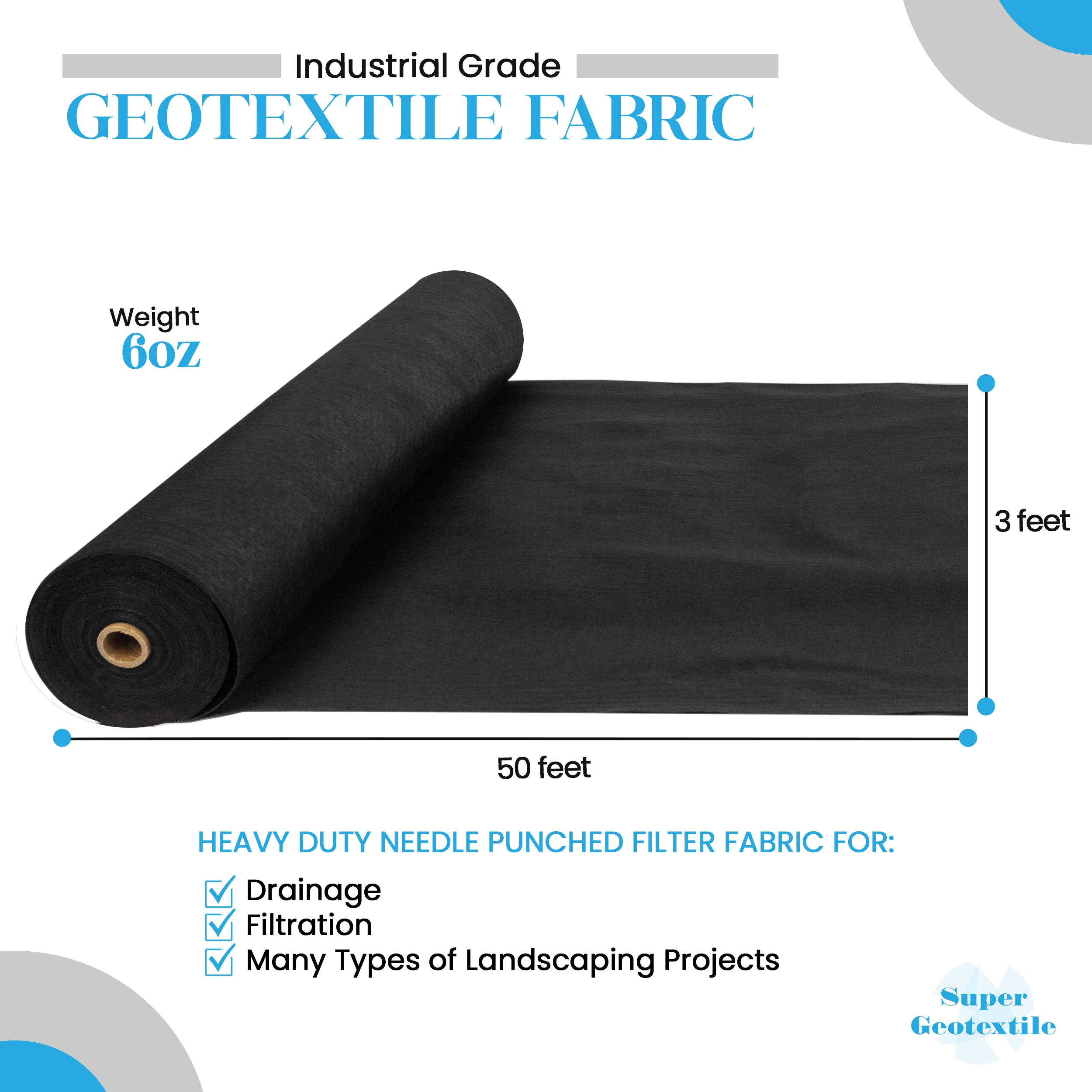 6 oz Non Woven Needle Punched Geotextile Filter Fabric - 50 Year